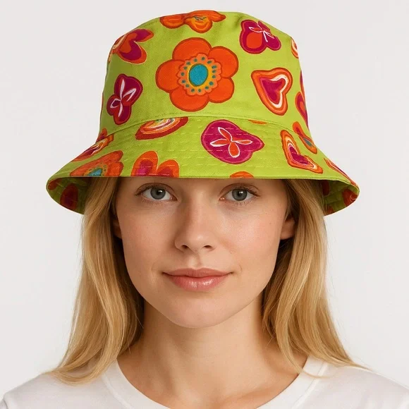 Nordstrom Lime Green Orange Pink Cotton Canvas Floral Print Bucket Hat - Picture 1 of 16